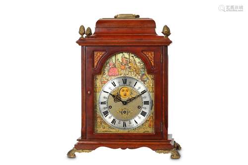 A GEORGE III STYLE MAHOGANY AND BRASS MOUNTED AUTOMATON MUSICAL BRACKET / TABLE CLOCKthe bell top case with a brass handle over