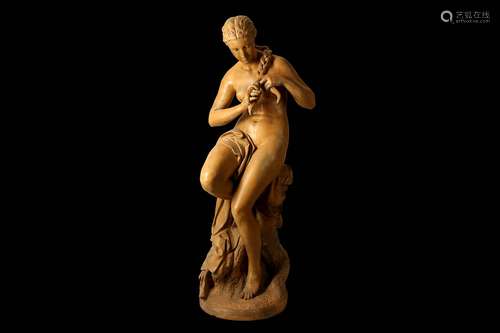 A MID 19TH CENTURY FRENCH LIFE-SIZE TERRACOTTA FIGURE OF TOILETTE DE VENUS IN THE MANNER OF ALBERT-ERNEST CARRIER-BELLEUSE (FRENCH