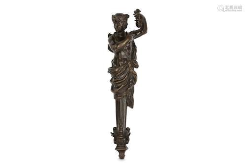 A LATE 17TH / EARLY 18TH CENTURY ITALIAN BRONZE CARYATID FIGURE OF MERCURYwearing his winged hat and holding a purse in his left hand