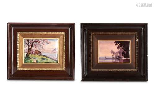 A PAIR OF 20TH CENTURY LIMOGES ENAMEL PANELS DEPICTING LANDSCAPES of rectangular form