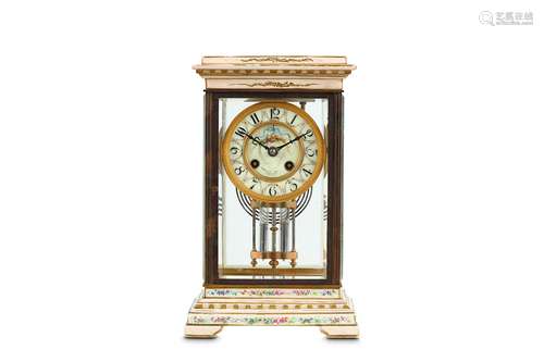 A THIRD QUARTER 19TH CENTURY FRENCH PORCELAIN MOUNTED FOUR GLASS MANTEL CLOCK RETAILED BY HOWELL JAMES & CO. SUPPLIER TO THE QUEEN  of typical form