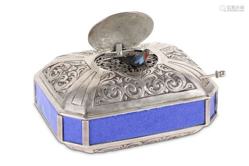 AN EARLY 20TH CENTURY GERMAN STERLING SILVER AND ENAMEL SINGING BIRD BOX CIRCA 1900 BY JOHANN S. KURZ & CO.the rectangular box with canted angles and sloping base and domed top decorated with scrolling foliage