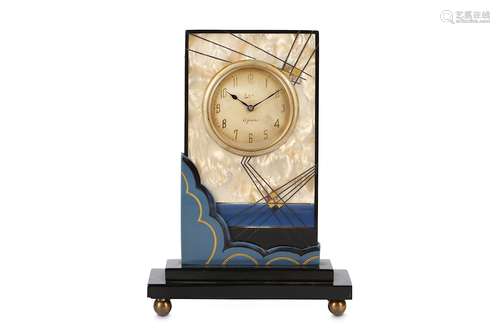 A SMALL ART DECO PERIOD FRENCH BAKELITE AND MOTHER OF PEARL DESK CLOCKof shaped narrow case with stylised cloud decoration and chequer motifs