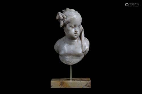 A MID 18TH CENTURY GERMAN CARVED ALABASTER BUST OF A CHILDlooking to sinister