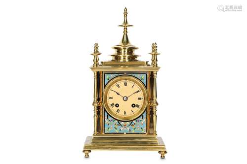 AN EARLY 20TH CENTURY FRENCH LACQUERED BRASS AND CLOISONNE ENAMEL MANTEL CLOCKthe case surmounted by a spire finial flanked by four further finials