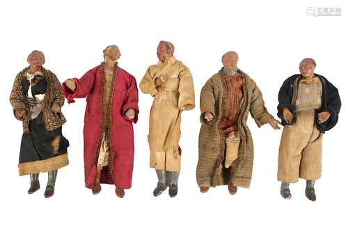 A SET OF FIVE 18TH CENTURY NEAPOLITAN PAINTED TERRACOTTA CRIB FIGURESfour male figures and an old lady