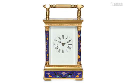 A LATE 20TH CENTURY GILT BRASS AND CLOISONNE ENAMEL CARRIAGE CLOCKthe case with dentil cornice and three quarter Corinthian column angles