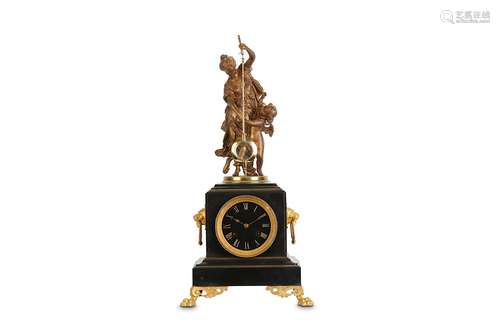 A LATE 19TH CENTURY GILT METAL AND BLACK MARBLE FIGURAL MYSTERY CLOCK BY GUILMET NO. 950the black marble plinth case raised on four scrolling paw feet and with lion mask