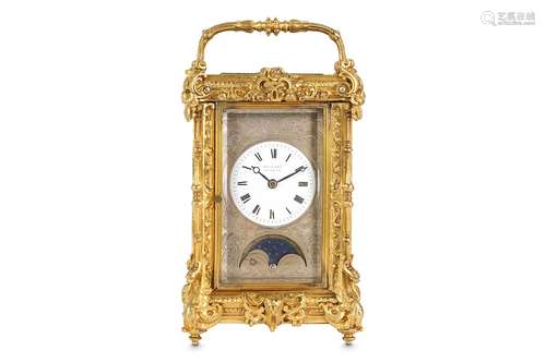 A FINE LATE 19TH CENTURY SWISS GILT BRASS CARRIAGE CLOCK WITH MOONPHASE AND PUSH REPEAT BY MOULINIE