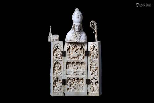 A LARGE 19TH CENTURY DIEPPE IVORY TRIPTYCH FIGURE OF A BISHOPthe standing figure holding a crozier in his left hand and a model of a church in his right