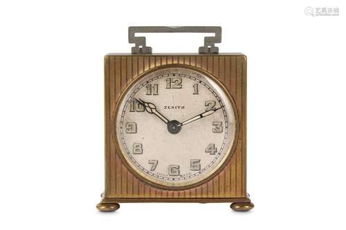 AN EARLY 20TH CENTURY GILT BRASS DESK ALARM CLOCK BY ZENITHof square form with engine turned decoration