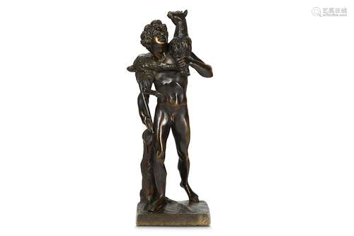 A LATE 18TH CENTURY FRENCH BRONZE FIGURE AFTER THE ANTIQUE OF THE FAUN WITH KIDthe faun supporting a baby goat on his shoulders