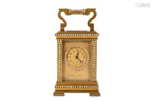 A LATE 19TH CENTURY VIENNESE GILT BRASS AND PEARL DECORATED MINIATURE CARRIAGE CLOCK BY CARL SUCHY & SOHNEthe corniche type case with bevelled glass panels and inset pearl decoration to the handle