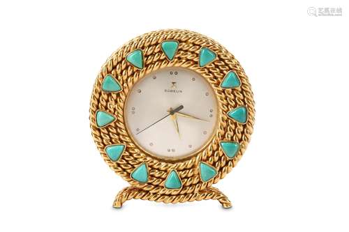 A 1960'S SWISS 18K GOLD AND AMAZONITE SET MINIATURE TABLE CLOCK BY GUBELINN° 201720the circular case with rope twist decoration and raised on a rope twist plinth