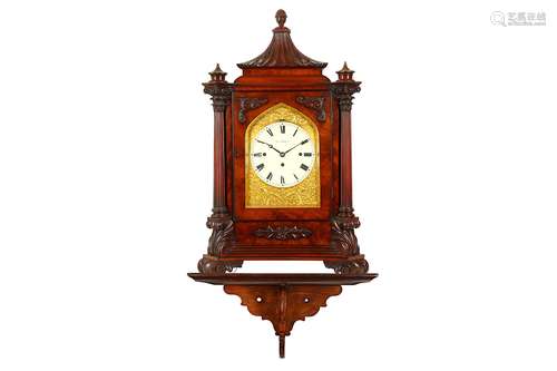 A FINE AND LARGE MID 19TH CENTURY ENGLISH MAHOGANY QUARTER CHIMING MUSICAL BRACKET / TABLE CLOCK BY THOMAS ROSKELLthe case with fluted and foliate carved pagoda top surmounted by an urn finial