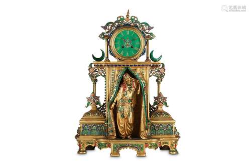 A LARGE LATE 19TH CENTURY FRENCH ORIENTALIST COLD PAINTED AND GILT METAL FIGURAL CLOCKdepicting an Arabian maiden appearing from an ornate doorway with curtains