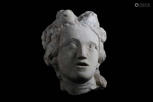 A 17TH CENTURY ITALIAN MARBLE HEAD OF A BACCHANTE / CERESher mouth open and her hair adorned with grapes and other fruit
