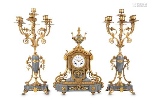 A LATE 19TH CENTURY FRENCH GILT BRONZE AND GREY MARBLE MANTEL CLOCK GARNITURE SIGNED LEMERLE-CHARPENTIER & CIE