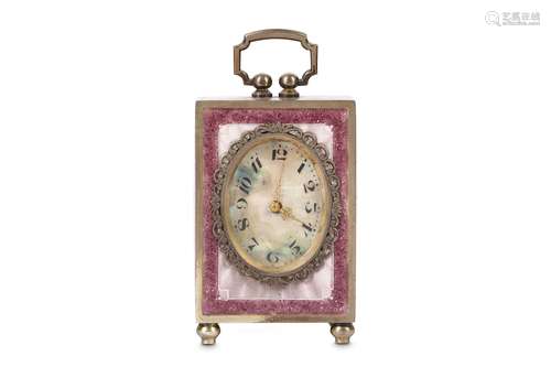 A FINE EARLY 20TH CENTURY SWISS SILVER AND ENAMEL MINIATURE TRAVELLING CARRIAGE CLOCK BY THE GENEVA CLOCK CO. (JTC) No. 8584the case with translucent pink and lilac