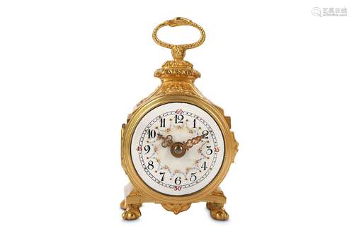 A SMALL EARLY 20TH CENTURY FRENCH GILT BRONZE PENDULE D'OFFICIERthe white enamelled dial with floral garlands and Arabic numerals