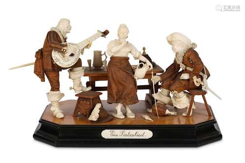 A FINE 19TH CENTURY SOUTH GERMAN OR AUSTRIAN CARVED WOOD AND IVORY FIGURAL GROUP 'THE LOVESONG'depicting a tavern scene with two male figures in Cavalier dress