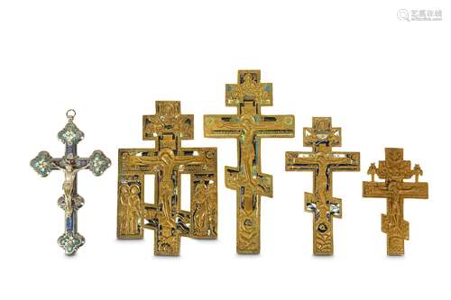 FOUR RUSSIAN BRASS AND ENAMELLED ORTHODOX CROSSES TOGETHER WITH AN ITALIAN MICROMOSAIC CRUCIFIX