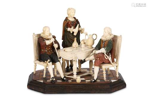 A FINE 19TH CENTURY SOUTH GERMAN OR AUSTRIAN CARVED AND STAINED WOOD AND IVORY FIGURAL GROUP SCENE depicting two gentlemen in 16th century dress with ruff collars seated at a table