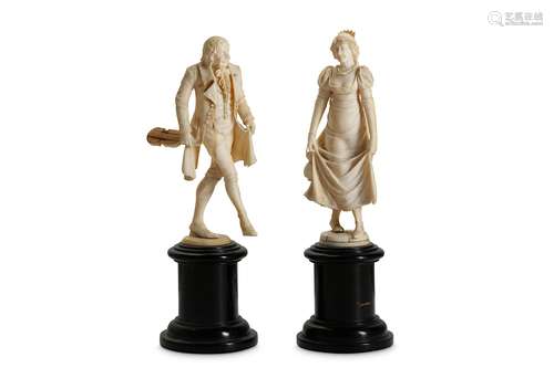 A PAIR OF EARLY 19TH CENTURY FRENCH (DIEPPE) IVORY FIGURES OF A LADY AND GENTLEMAN DANCINGthe male figure dancing and holding a violin in his right hand