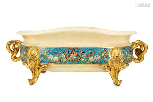 A FINE AND LARGE THIRD QUARTER 19TH CENTURY FRENCH NEO-GREC GILT BRONZE AND CLOISONNE ENAMEL DECORATED ONYX JARDINIERE BY FERDINAND BARBEDIENNE (FRENCH