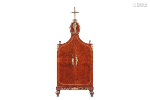 A 19TH CENTURY FRENCH AMBOYNA AND GILT METAL MOUNTED CABINET / TABERNACLEsurmounted by a cross and gilt metal relief depicting Pierre Terrail