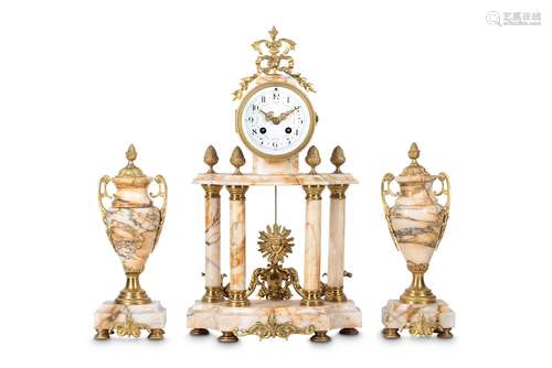 AN EARLY 20TH CENTURY FRENCH GILT BRONZE AND COLOURED MARBLE CLOCK GARNITUREthe portico clock raised on four freestanding columns over a plinth base