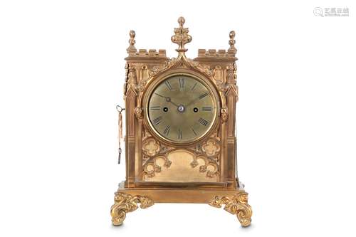 A MID 19TH CENTURY ENGLISH GILT BRASS FUSEE TABLE CLOCK WITH PULL REPEAT SIGNED T. HALL NORTHAMPTONof Gothic Revival taste