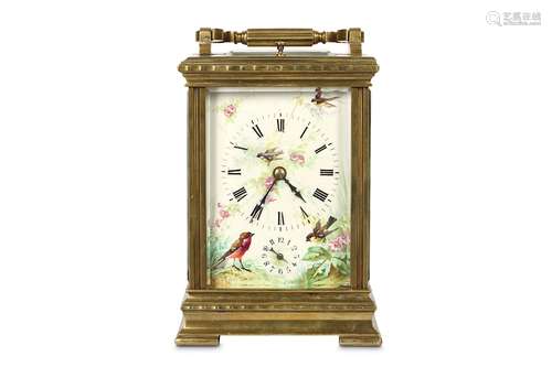 A LARGE LATE 19TH CENTURY FRENCH BRASS AND PORCELAIN CARRIAGE CLOCK WITH ALARM AND REPEATthe Anglaise Riche case with bevelled glass side panels and porcelain dial decorated with birds and flowers