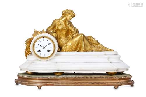 A LATE 19TH CENTURY FRENCH GILT BRONZE AND WHITE MARBLE FIGURAL MANTEL CLOCK the shaped marble plinth case surmounted by a gilt bronze figure of a reclining classical maiden