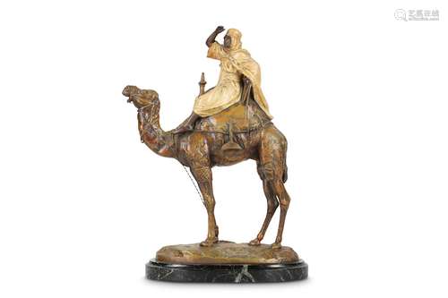 ALFRED BARYE (1839-1882): A LATE 19TH CENTURY COLD PAINTED SPELTER MODEL OF AN ARAB RIDING A CAMEL 'CAVALIER ARABE'on a naturalistic base signed 'BARYE FRANCE'