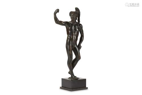 A FIRST HALF 17TH CENTURY BRONZE FIGURE OF MARS AFTER A FRENCH MODEL FROM THE LAST THIRD OF THE 16TH CENTURYnude except for a plumed helmet with scrolling decoration