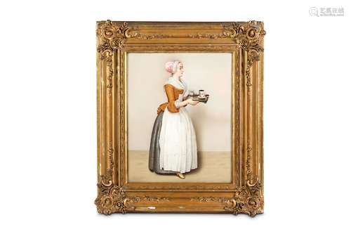 A FINE AND LARGE BERLIN PORCELAIN PLAQUE BY KPM DEPICTING A MAID WITH A TRAY AFTER JEAN-ETIENNE LIOTARD 'LA BELLE CHOCOLATIERE'the serving girl wearing a pink bonnet and holding a tray with a glass of water and cup of chocolate