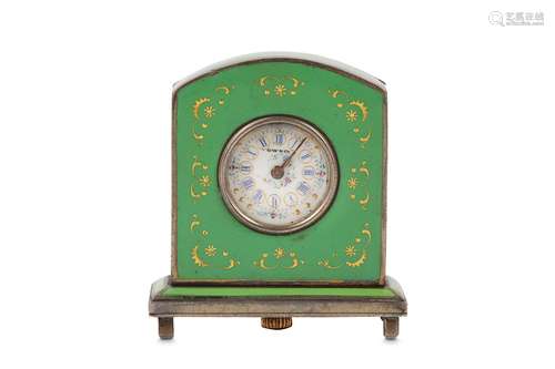 AN EARLY 20TH CENTURY SWISS SILVERED METAL AND ENAMEL MINIATURE TRAVELLING CLOCKof arched form on a plinth base with gilt decoration