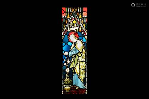 A PAIR OF 19TH CENTURY STAINED AND LEADED GLASS PANELS DEPICTING ST CATHERINEAND THE ANGEL GABRIEL of rectangular form