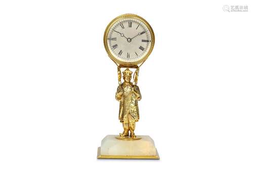 A FIRST HALF 20TH CENTURY LACQUERED BRASS AND ONYX NOVELTY CLOCK DEPICTING A CHINESE MANthe standing figure in traditional dress