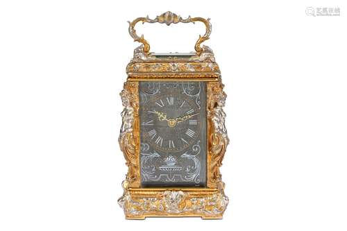 A SILVERED AND GILT BRASS AND ENAMELLED MINIATURE CARRIAGE CLOCK  the ornate Anglaise Riche case in the Renaissance Revival style and modelled with winged caryatids to each corner