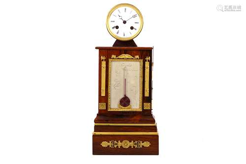 A FRENCH ROSEWOOD AND GILT BRONZE MOUNTED MUSICAL CLOCK AND THERMOMETER CIRCA 1830 SIGNED LINET FRERES PARIS the brass drum case raised on a plinth base with gilt mounted and silvered thermometer dial