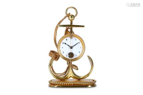 A 19TH CENTURY AUSTRIAN GILT BRASS ZAPPLER TYPE CLOCK OF MARITIME THEMEmodelled as an anchor over an oval base with rope twist mount