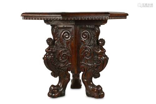 A 16TH CENTURY AND LATER FRENCH CARVED WALNUT TABLEthe later octagonal top with egg and dart border