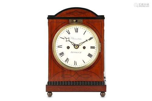 A SMALL REGENCY MAHOGANY AND INLAID FUSEE BRACKET / TABLE CLOCK WITH PULL REPEAT SIGNED THORNDIKE IPSWICHthe arched pediment with ebonised stringing