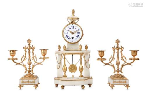 A LATE 19TH CENTURY FRENCH WHITE MARBLE AND GILT BRONZE PORTICO CLOCK GARNITURE SIGNED 'JACOT PARIS'the portico clock of typical form