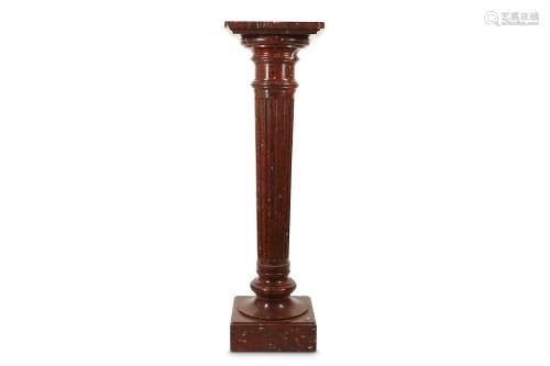 A LATE 19TH CENTURY FRENCH ROUGE GRIOTTE MARBLE PEDESTAL the rotating square top over the tapering fluted column terminating in a square plinth base