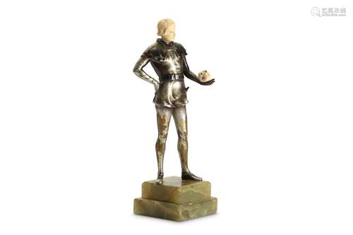 AN EARLY 20TH CENTURY SILVERED BRONZE AND IVORY FIGURE OF HAMLET IN THE MANNER OF JOSEF LORENZLthe standing figure holding a skull in his left hand