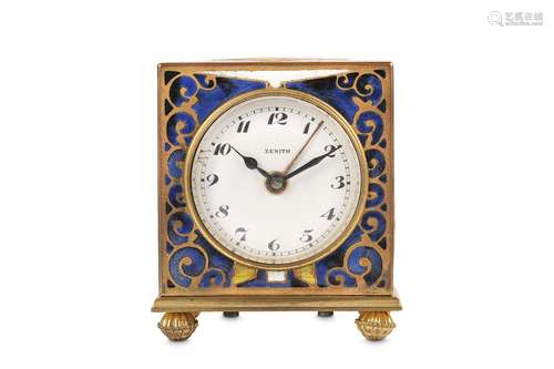 AN EARLY 20TH CENTURY FRENCH GILT METAL AND CHAMPLEVE ENAMEL MINIATURE DESK ALARM CLOCKof square plinth form raised on four lobed feet