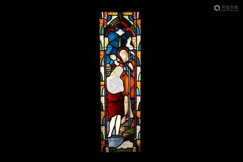 A PAIR OF 19TH CENTURY STAINED AND LEADED GLASS PANELS OF RELIGIOUS THEMEdepicting a donor kneeling before an angel and the Baptism of Christ by St John the Baptist